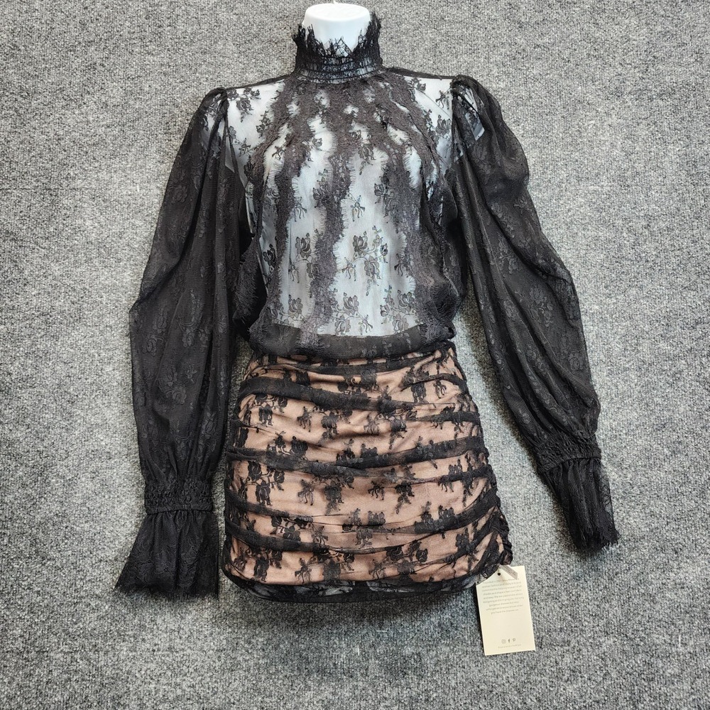 NWT Mew Mews Womens Gothic Lace Sheer Ruched Bodycon Coquette Mini Dress Size S